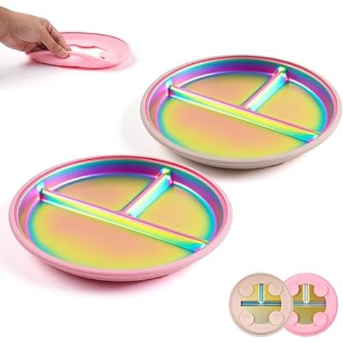 Goldusk Stainless Steel Kids Plates, 2pcs 9" Baby Plates with Suction Rainbow BPA-Free Toddler Plates with Dividers Baby Dishes Set With Removable Food-Grade Silicone Base, Pink & Beige