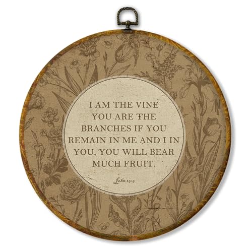 Hiuwevt Vintage Boho Floral Christian Round Wall Art Decor, John 15:5 Bible Verse Framed Canvas Prints, Religious Round Wall Hanging Decor for Church Home Bedroom Living Room Decorations, 10x10 Inches
