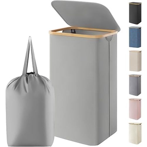 Lifewit 100L Laundry Basket with Lid, Clothes Hampers for Laundry with Bamboo Handles and 1 Removable Bag, Large Foldable Laundry Hamper for Bedroom, Bathroom, Dorm, Laundry Room, Silver Grey