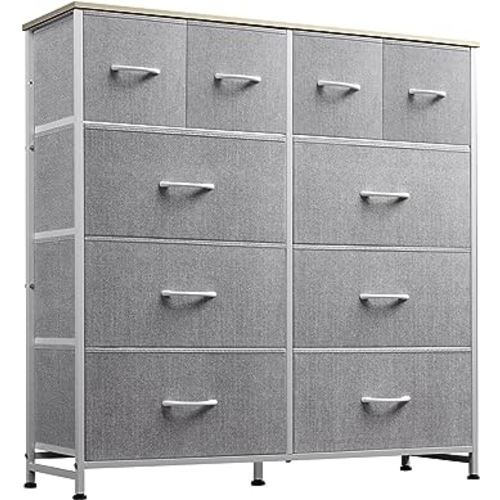 WLIVE Fabric Dresser for Bedroom, Storage Drawer Unit,Dresser with 10 Deep Drawers for Office, College Dorm, Light Grey