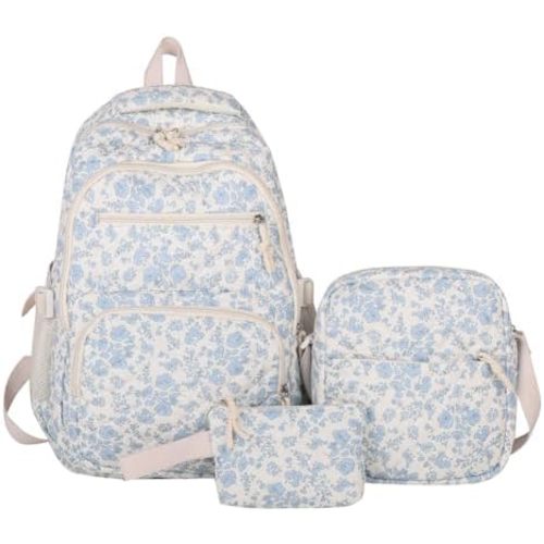 Coquette Backpack - Cute Kawaii Backpack Set 3 Pcs Floral Quilted Daypack with Small Crossbody Bag (Blue)
