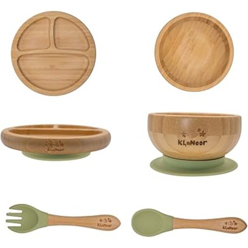 Bamboo Toddler Plate & Bowl Set with Strong Suction – Includes One Plate, One Bowl, Spoon & Fork – Baby Plates with Suction for Baby Led Weaning, Kids Feeding Essentials, Non-Toxic & BPA Free