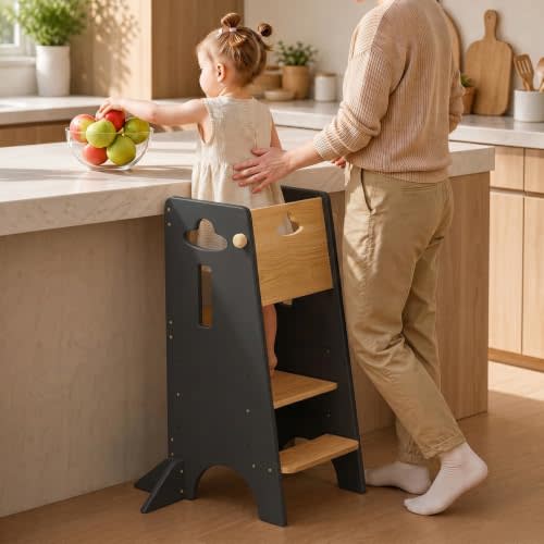 COSYLAND Toddler Standing Tower Adjustable Height | Super Stable Toddler Kitchen Stool Helper - 3 Levels Adjustable Wooden Kids Kitchen Stool (Natural & Black)