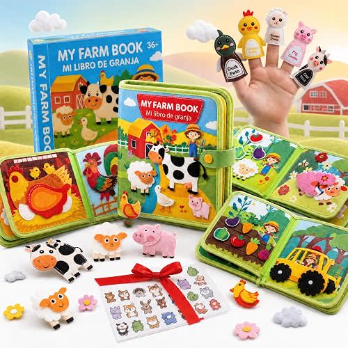 Montessori Bilingual Sensory Book (ES/EN) Children 1-5 Years, Educational Toy and Sensory Play with Activities and Gift Stickers, Interactive Busy Board Style Book, Original Gift for Baby or Child