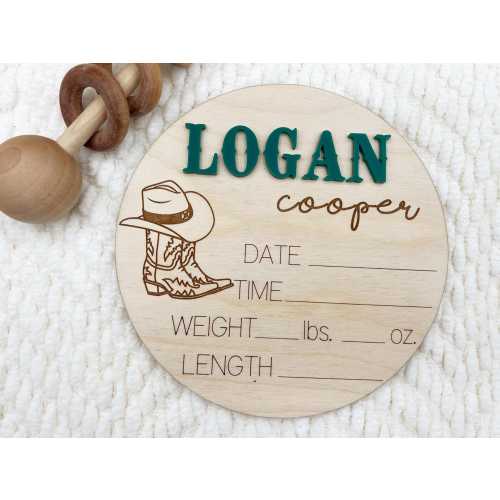 Cowboy Nursery Decor, Newborn Birth Announcement Sign, Hospital Photo Props, Western Baby Shower, Baby Birth Stat Sign, Cowboy and Boots