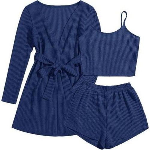 Ekouaer Pajamas for Women Set 3 Piece Lounge Set Soft Pajama Sets Waffle Knit Tank Top and Shorts Cardigan with Pockets Navy Blue L