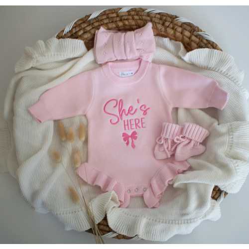 She’s here embroidered Romper, knit ribbed ruffle romper custom, gender reveal announcement, it’s a girl