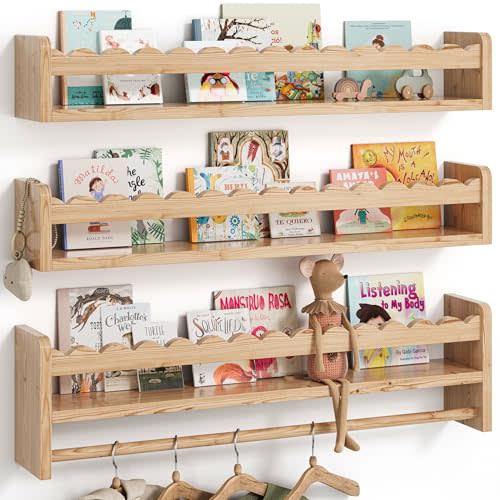 Nursery Book Shelves, Scalloped Shelves, Floating Book Shelves for Wall, Nursery Deocr for Baby, Toddler(Wood, 23 Inches)