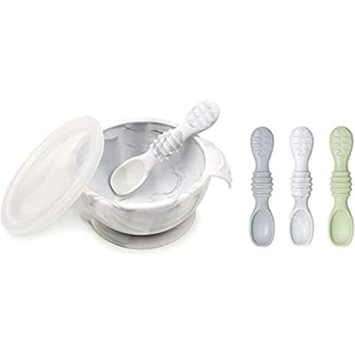 Bumkins Baby Bowl, Silicone Feeding Set with Suction for Baby and Toddler, Includes 4 Spoons and Lid, First Feeding Set, Training Essentials for Baby Led Weaning for Babies 4 Months Up, Marble