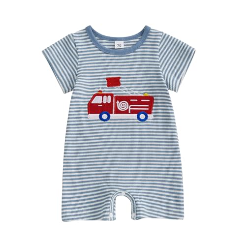 Baby Boy Striped Jumpsuit Football/Fire Truck Waffle Knit Romper | Soft Waffle Knit Fabric, Short Sleeve, Crewneck, Football Fire Truck Embroidery, Striped Print, Perfect for Everyday Wear