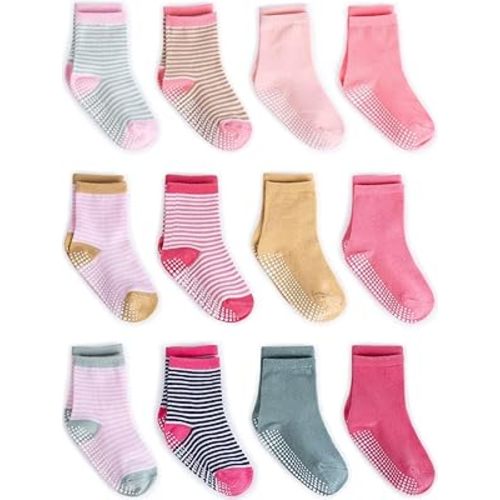 ZAPLES Baby Non Slip Grip Crew Socks with Anti Skid Soles for Infants Toddlers Kids Boys Girls