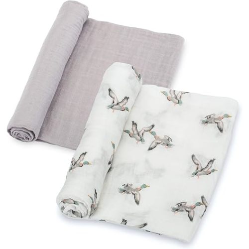 LollyBanks Baby Swaddle Blankets 2 Pack, 100% Cotton Muslin Blankets 47 x 47 Inches, Soft and Breathable Newborn Receiving Blanket for Boys, Cozy Infant Swaddle, Baby Essential (Mallard Duck and Grey)
