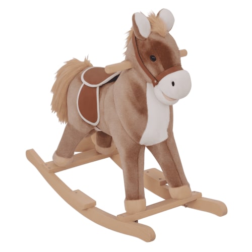 Qaba Kids Rocking Horse, Ride on Horse for Toddlers with Soft Plush Body, Wooden Base, Handle Grip for 3+ Year Old Boys and Girls, Brown
