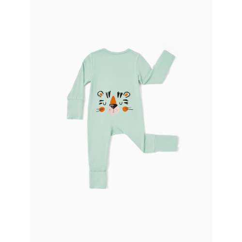 Bamboo Baby Boy / Girl Childlike Animal Pattern 2-way Zip Onesies Footie Green