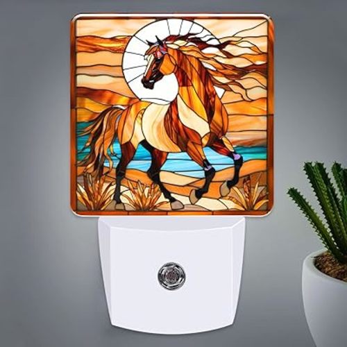 Horse Stained Glass Night Lights Plug into Wall for Room, Horse Night Light LED for Bedroom