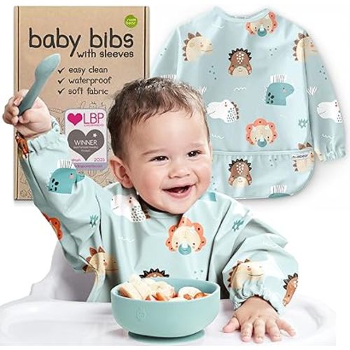 Waterproof Smock Baby Bibs for Eating (Boy or Girl 6-24 Months) - Toddler Long Sleeve Bib for Baby Led Weaning