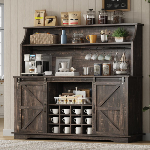 Gracie Oaks 55 Inch Farmhouse Coffee Bar Cabinet with 3-Tier Storage, Kitchen Hutch with 12 Wine Racks & 3 Glass Holders, Coffee Bar with 6 Hooks, Wine Bar Cabinet for Dining Living Room & Reviews | Wayfair