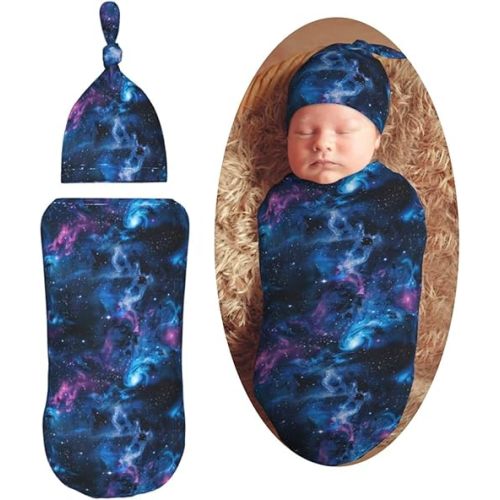 Space Universe Starry Sky Newborn Swaddle Blankets Hat Sets Soft Baby Receiving Blanket Swaddle Sack for Baby Shower Infant Boy Girl Gift