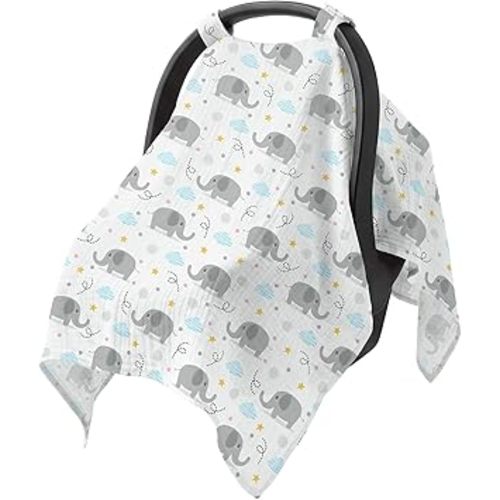 Baby Car Seat Cover - 100% Muslin Cotton Universal Breathable Canopies for Boys and Girls Soft Spring Summer Car Seat Cover Lightweight Infant Car Seat Canopy - Gray Elephants