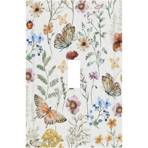 Decorative Light Switch Cover Boho White Background Butterfly Rustic Flower Single Toggle Personalized Wall Plate Switchplate 1 Gang Switchcover Decora Light Switch Plate for Home Decor