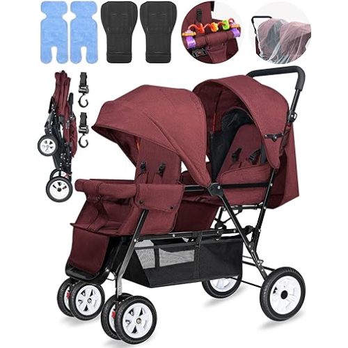 Double Stroller for Infant Toddler, Foldable Double Baby Stroller with Tandem Seating and Adjustable Backrest - Extra Gift Toys/Mosquito Net/Sleeping Mats/ 2 Cotton Pads/ 2 Hooks(Red)