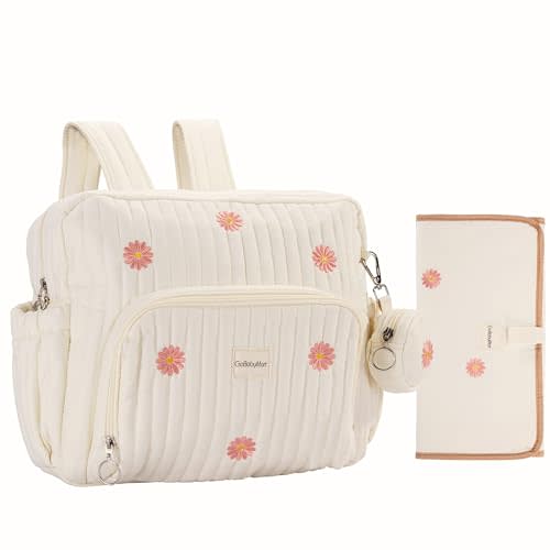 GOBABYMART Diaper Bag Backpack with Changing Pad - Travel Baby Bag, Insulated Bottle Pockets, Stroller Straps (Medium - Beige Flowers)