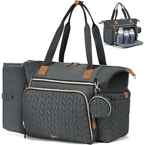 Diaper Bag Tote, Large Baby Diaper Bags Waterproof, Hospital Bag for Labor Delivery with Pacifier Case, Changing Pad, Shoulder Strap, Dark Gray