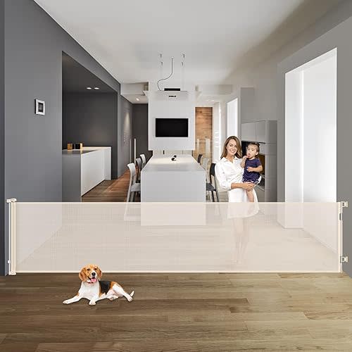 122 Inch Retractable Baby Gates Extra Wide Retractable Dog Gate for Large Openings Dog Gates for The House Extra Wide Gates for Dogs Indoor Extra Long Baby Gate Outdoor Deck Gate Porch Gate, Beige