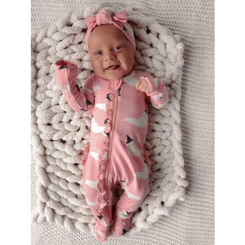 2-Way Ruffle Zip Footie, Pink Ghost