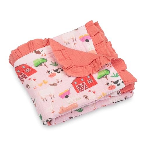 LollyBanks Baby Girl Blankets, 100% Organic Cotton Infant Muslin Blankets, Lightweight 40 x 36 Inches Crib Blankets for Toddlers, Gentle Ruffle Infant Quilt, Newborn Essentials (Pink Farm Print)