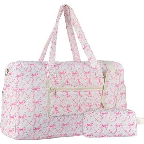 Quilted Pink Bow Duffel Bag,Weekender Bag With Shoe Compartment
