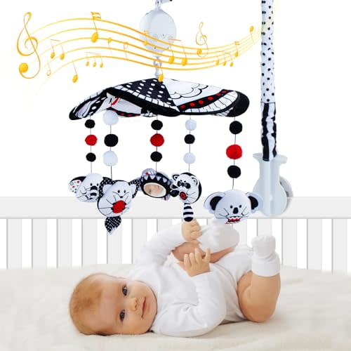 Baby Crib Mobile, Baby Mobile for Crib with Mirror, Black and White High Contrast Mobile Toy for Newborn Infants Boys and Girls, Baby Mobile Hanging Rotating Crib Toys Nursery Crib Toys, Knob Type