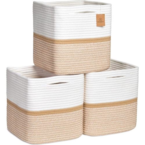 NaturalCozy Storage Cubes 11 Inch Cotton Rope Woven Baskets for Organizing, 3-Pack | Cube Storage Bin | Square Storage Baskets for Shelves Organizer, Classroom, Kids Toy Bins, Closet, Baby Nursery