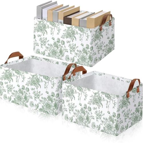 Boao 3 Pcs Sage Green Floral Storage Bin Collapsible Large Storage Baskets for Gifts Canvas Laundry Basket Foldable Box with Handle for Office Home Bedroom Clothes