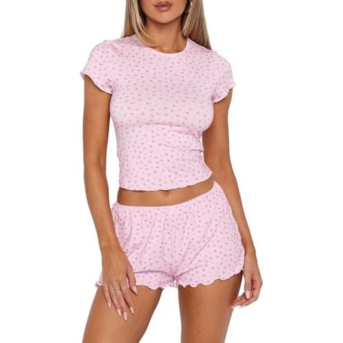 Lacozy Cute Pajamas for Women Set 2 Piece Short Sleeve Pjs Floral Graphic Crop Top Y2K Summer Sleepwear Lounge Set