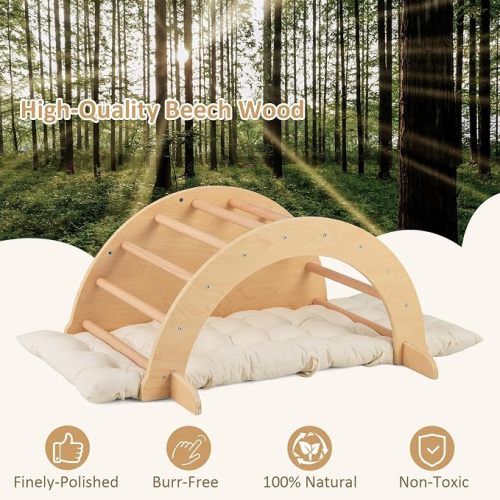 INFANS Wooden Arch Climber Rocker with Soft Cushion, 6 in 1 Montessori Climbing Toys for Toddlers, Waldorf Indoor Table Baby Children Ladder Gym Learning Playset for Kids (Natural with Desktop)