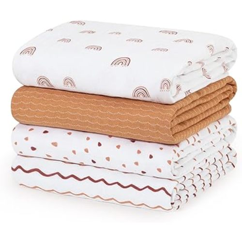 david's kids 4 Pack Baby Muslin Swaddle Blankets, 100% Cotton and Ultra Soft Breathable Receiving Blanket Wrap for Boys Girls, New Born Essentials, Large 47 x 47 inches, Rainbow/Wave