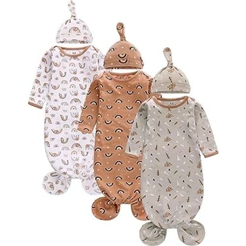 Newborn Knotted Nightgown Long Sleeve with Matching Hat Set 3 Pack, Baby Sleeper Gowns Unisex Home Outfits Set with Mitten Cuffs for Boys Girls 0-3 Months