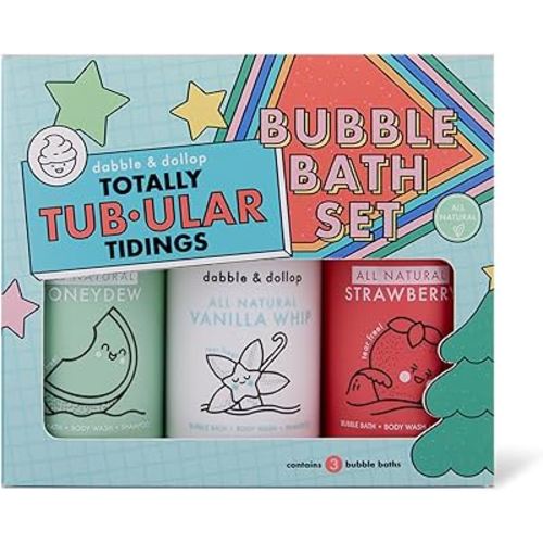 Dabble & Dollop Totally Tub-ular Tidings Bubble Bath Set - Holiday Gift Bundle with Three Mixable 3-in-1s - Bubble Bath Body Wash and Shampoo - Strawberry, Honeydew & Vanilla