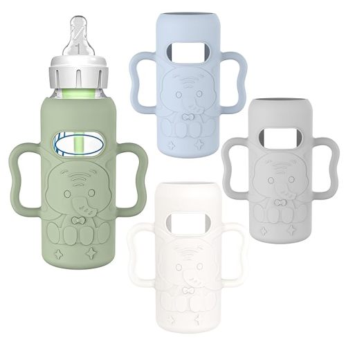 KingKam 4 Pack Silicone Sleeves for Dr. Brown's Glass Baby Bottles, Drop Protection Easy-Grip Baby Bottle Sleeves Holder with Handles, Compatible with Dr. Brown's Narrow Glass Bottles 8oz