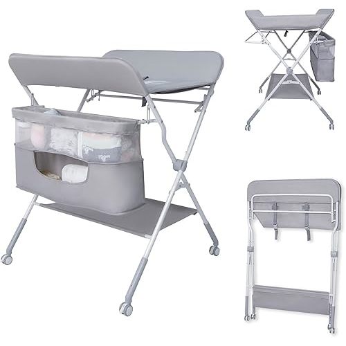 Gentle Monster Baby Folding Portable Changing Table, 4-Level Adjustable Height Diaper Changing Station Table for Nursery with Safety Belt, Double Storage Bag, Headrests & Diaper Pad