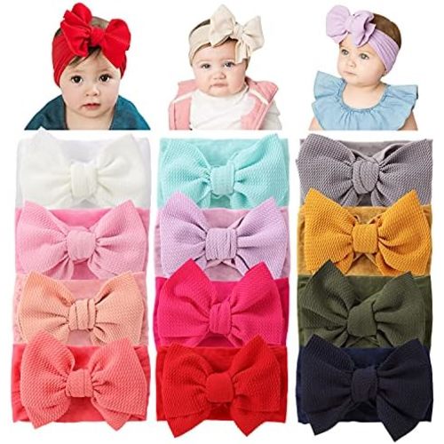 Cinaci 12 Pack Oversized Colorful Solid Stretchy Nylon Headbands with Big Bow Large Knot Hair Bows Soft Elastic Hair Bands Hair Accessories Wide Headwraps for Newborn Baby Girls Infants Toddlers Kids