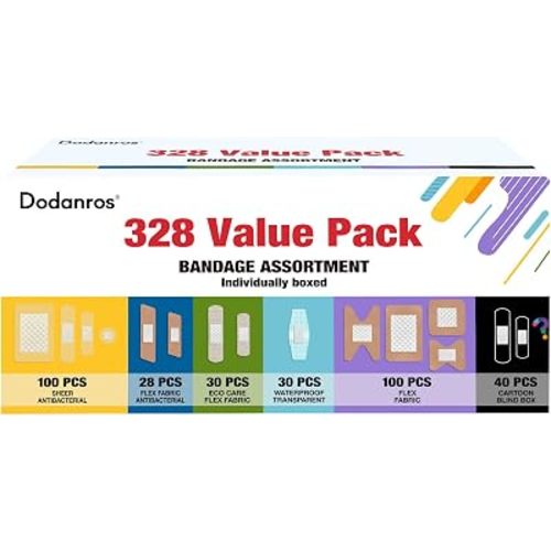 Dodanros Variety Bandages Pack,328ct Assorted Bulk Various Sizes, Shapes &Features | Sheer & Flex Fabric with Benzalkonium, ECO Bamboo Fabric, Waterproof, Cartoon Blind Box Fragrance Bandages