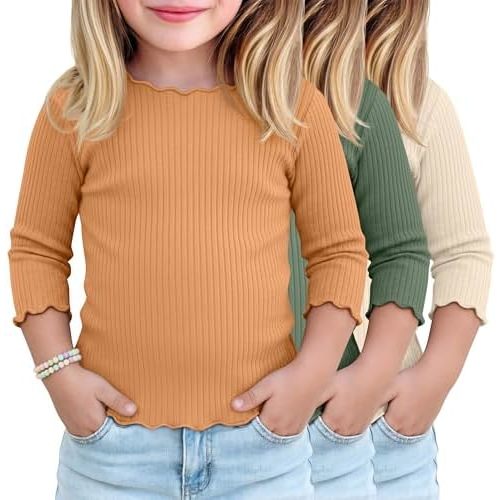 3 Pack Toddler Girls Shirts 3/4 Sleeve Lettuce Trim Fitted T-Shirts Ribbed Knit Crew Neck Tops Casual Basic Tees