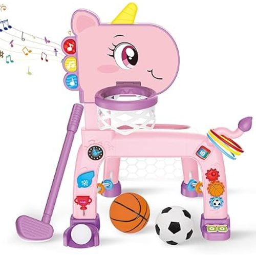 Ancaixin 4-in-1 Toddler Basketball Hoop & Soccer Goal with Golf Ring-Toss, Toys for 1 2 3 Year Old Boys Girls, Montessori Musical Sports with Light Toys for Baby 12-18 Months, Christmas Birthday Gifts