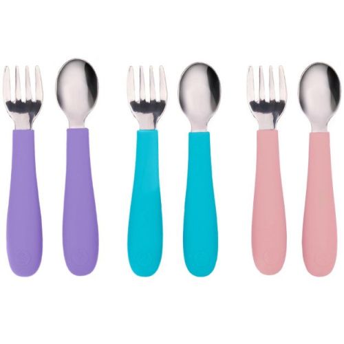 WeeSprout Toddler Utensils, 3 Forks & 3 Spoons, 18/8 Stainless Steel & Food Grade Silicone - Bright Purple, Pink, Blue