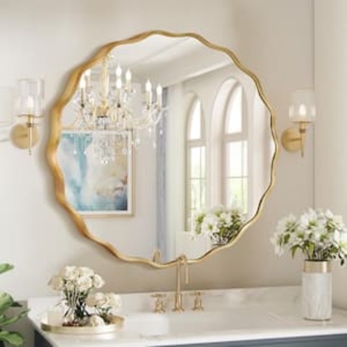 31.5 in. W x 31.5 in. H Round Gold Aluminum Alloy Framed Scalloped Wavy Wall Mirror