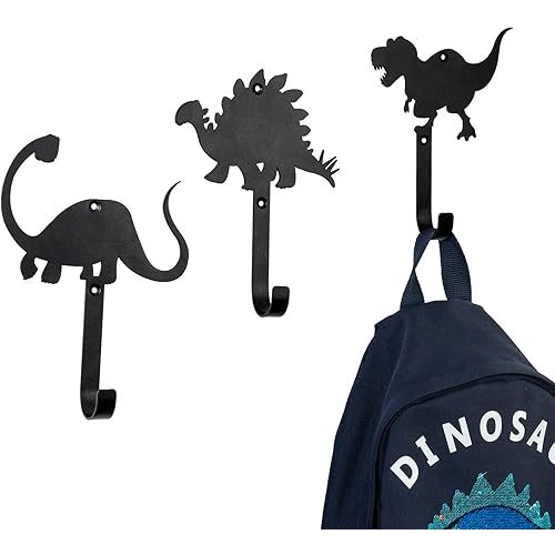 MyGift Fun Childrens Wall Mounted Matte Black Metal Cartoon Dinosaur Silhouette Hanger Hooks for Kids Boys Girls Coat Hat Garments, 3 Piece Set - Handcrafted in India