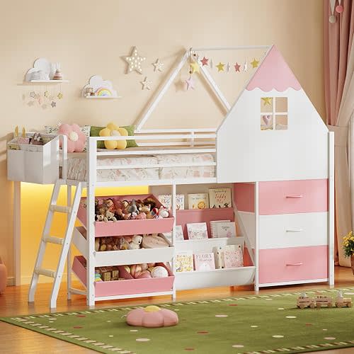 UPOSOJA Twin Low Loft Bed for Bookshelf with Kids Toy Storage Box, Storage Drawers, LED Lights, Safety Guardrail, Stairs, Kids loft Bed (White Pink)