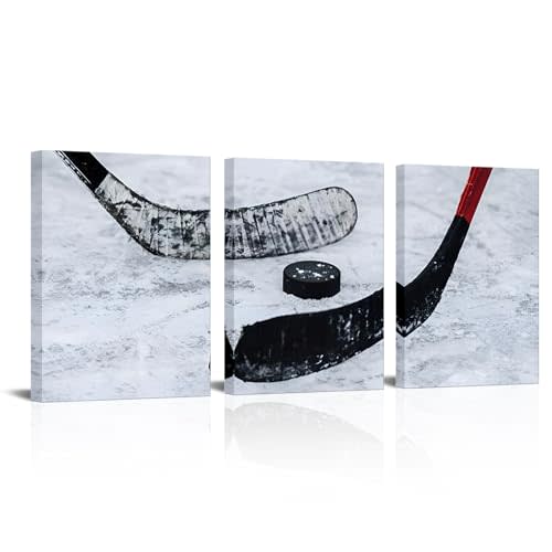 Biuteawal 3 Panels Black and White Canvas Art Ice Hockey Stick Photography Painting Sports Wall Art for Ice Rink Gym Man Boys Bedroom Decor Stretched and Framed Ready to Hang